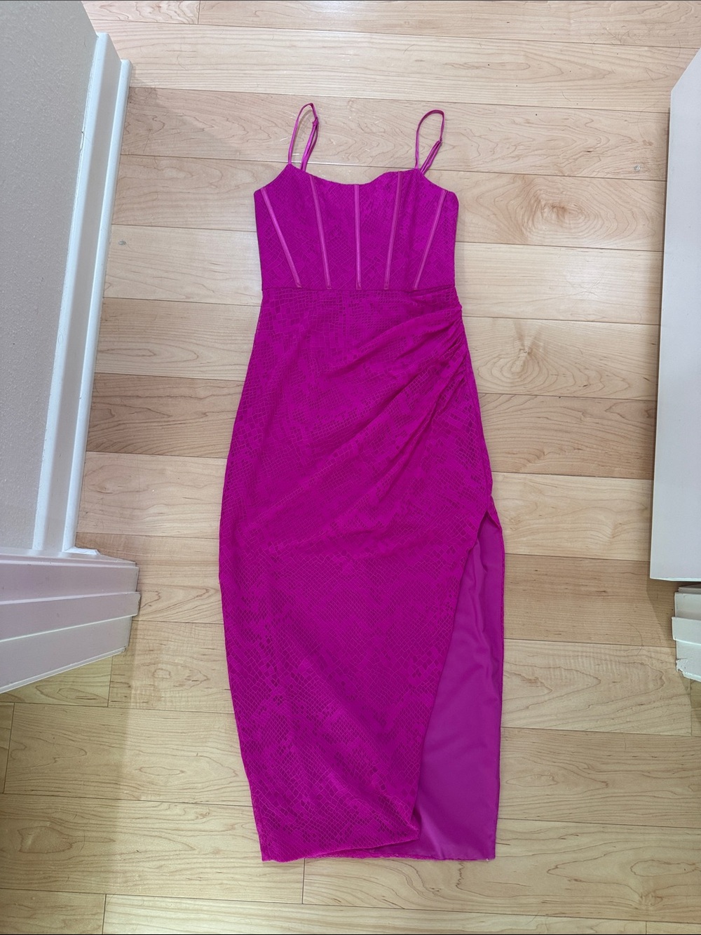SAYLOR Fuchsia Lace Midi Dress with Spaghetti Straps